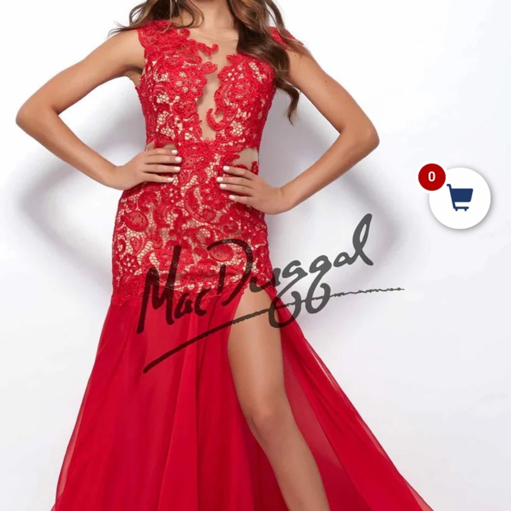 Mac Duggal Red Prom Gown with Flutter Sleeves and Crew Neck